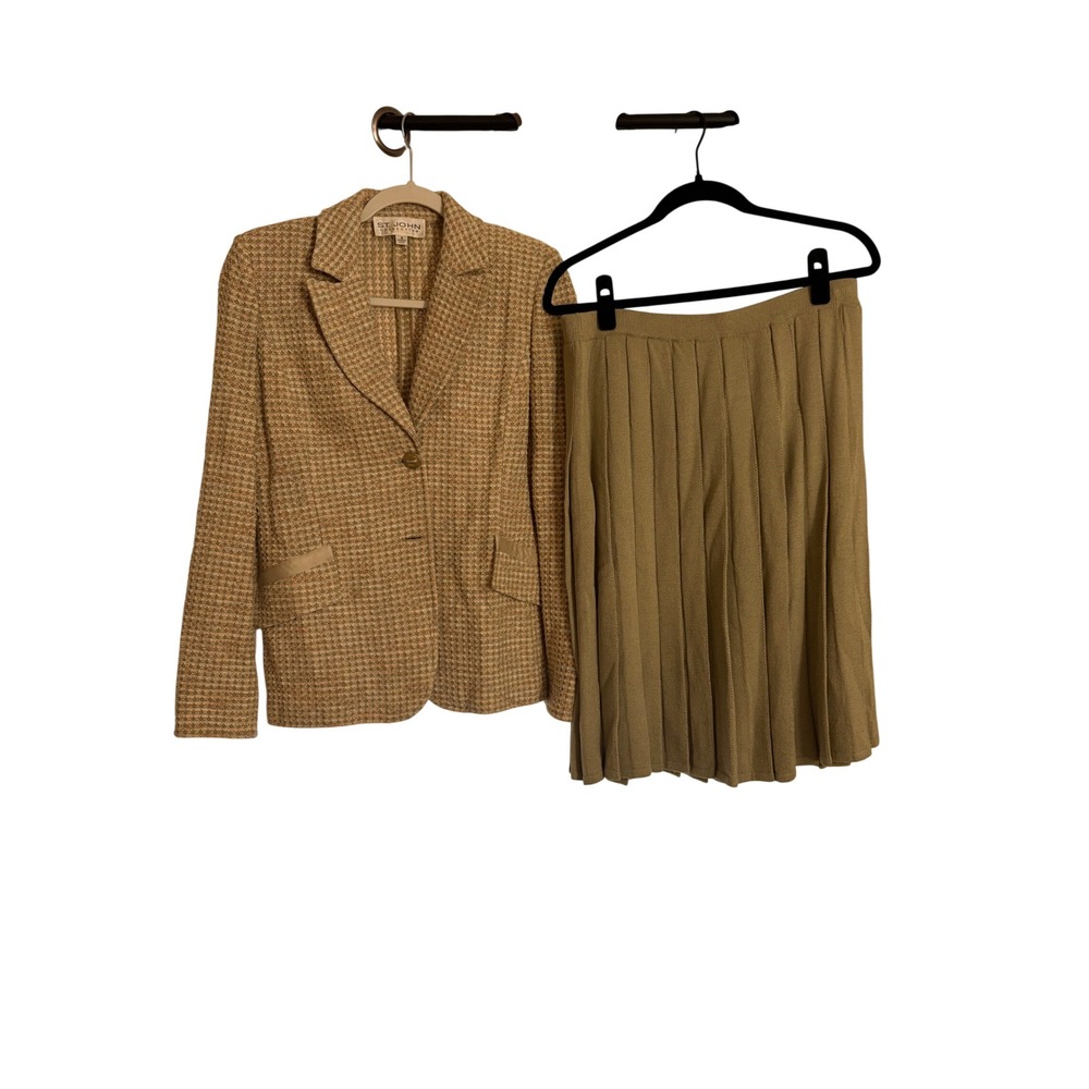ST JOHN Tweed Jacket Pleated Knit Skirt Size 4/6 Matching Set Vintage Sage Green